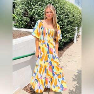 THML Yellow Multi Abstract Smocked Puff Sleeve Maxi Dress